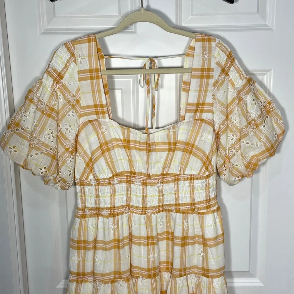 Anthropologie Puff-Sleeve Eyelet Midi Dress Size Large Smocked Plaid Yellow - Picture 5 of 17